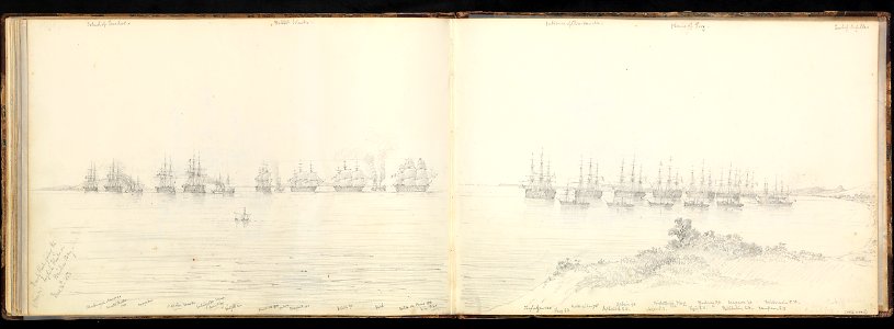 (Recto) The English fleet off the entrance to the Dardanelles; (verso) the French and English fleets in Besika Bay, October 1853 RMG PZ0882-003. Free illustration for personal and commercial use.