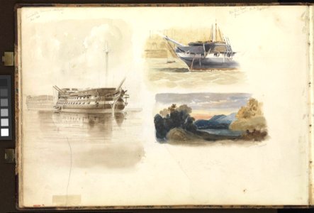 (Recto) HMS 'Monarch' at Sheerness, December 1850; (Verso) studies of the 'Formidable' and 'Apollo' at Sheerness, and a sunset landscape RMG PZ0853-002. Free illustration for personal and commercial use.