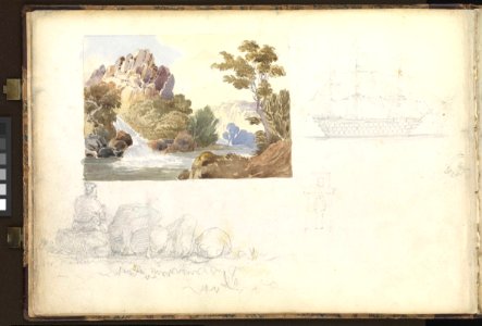 (Recto) Scene at Teignmouth, with a figure looking out to sea leaning up against a beacon; (Verso) a rugged landscape with a waterfall and pencil sketches of a figure sitting by boulders and a three-decker flagship RMG PZ0852-002