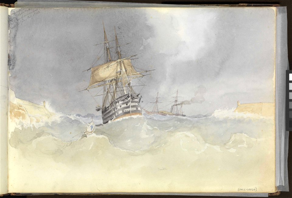 (Recto) HMS 'Trafalgar' sailing into Malta Harbour with loss of her rudder head after a gale, 9 February 1852- (Verso) 'Trafalgar' under the Upper Barracca, Malta, 27 March 1852 RMG PZ0864-001