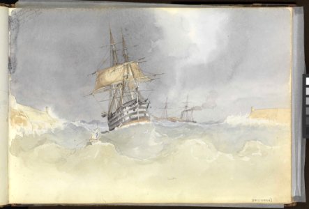 (Recto) HMS 'Trafalgar' sailing into Malta Harbour with loss of her rudder head after a gale, 9 February 1852- (Verso) 'Trafalgar' under the Upper Barracca, Malta, 27 March 1852 RMG PZ0864-001