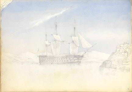 (Recto) 'Britannia' hove to in a calm to receive a boat, probably near Cape Carthage, flying the flag of Rear-Admiral Dundas, 27 April 1852; (Verso) HMS 'Vengeance' in Port Mahon, 26 May 1852 RMG PZ0867-002