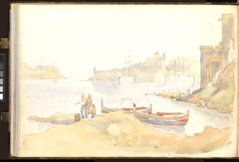 (Recto) Gibraltar from the Queen of Spain's Chair, 22 January 1853; (verso, undated) St Angelo and Dockyard Creek, Malta RMG PZ0879-002