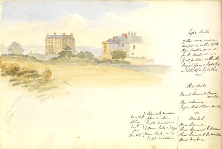 (Recto) View of two large houses surrounded by countryside, with notes on watercolours PZ0851