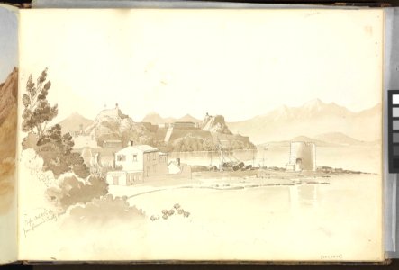 (Recto) The citadel of Corfu from the Governor's country house; (Verso, undated) a ship, probably the 'Trafalgar', in a storm off Majorca RMG PZ0878-001