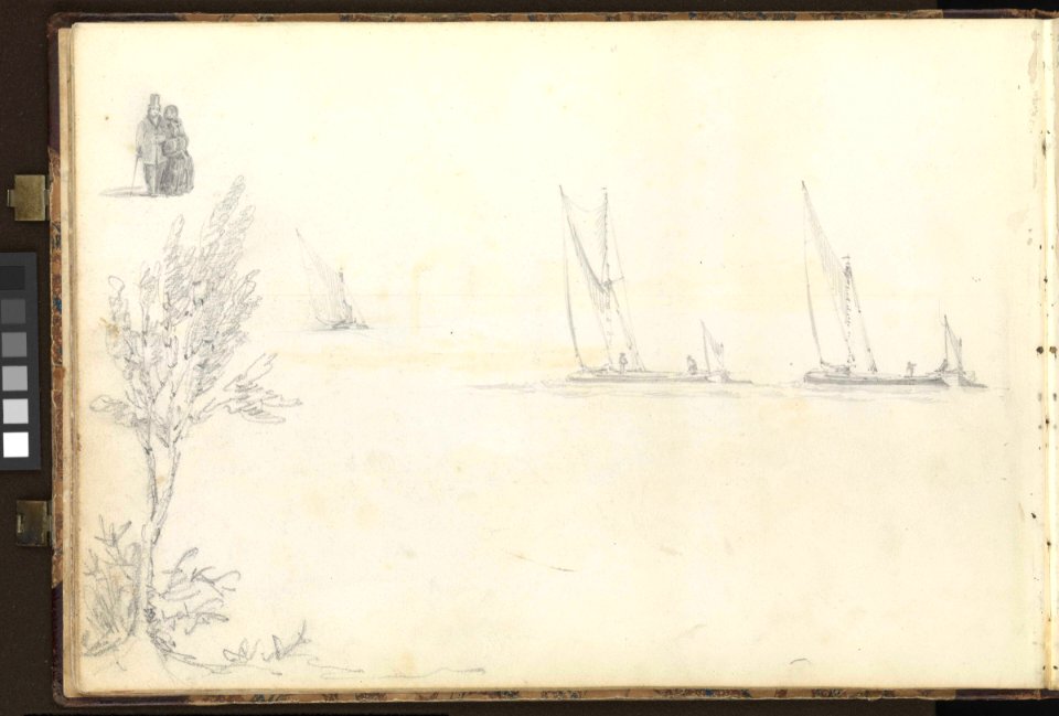 (Recto) HMS 'Trafalgar' off Sheerness, from the 'Shannon', 28 December 1850; (Verso) studies including Thames barges, a lady and gentleman walking, and trees RMG PZ0854-002