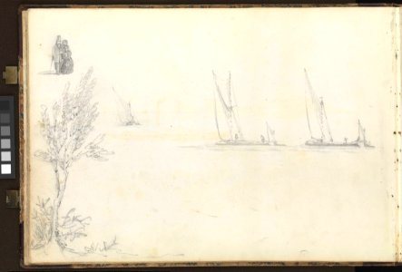 (Recto) HMS 'Trafalgar' off Sheerness, from the 'Shannon', 28 December 1850; (Verso) studies including Thames barges, a lady and gentleman walking, and trees RMG PZ0854-002. Free illustration for personal and commercial use.