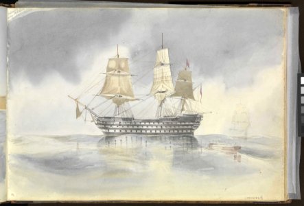 (Recto) 'Britannia' hove to in a calm to receive a boat, probably near Cape Carthage, flying the flag of Rear-Admiral Dundas, 27 April 1852; (Verso) HMS 'Vengeance' in Port Mahon, 26 May 1852 RMG PZ0867-001