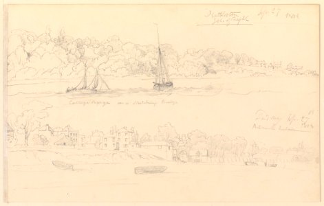 (Recto) Drawing of College barge on a sketching cruise Nettleston, Isle of Wight Sepr 27 1813 and drawing of Hardway Portsmouth Harbour Sepr 27th 1813 (Verso) Southsea Beach RMG PY3792-001