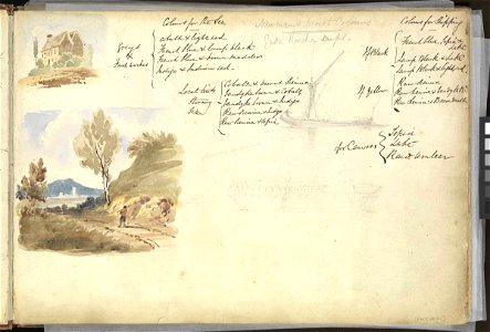 (Recto) Two pencil sketches, of a Thames barge and of the 'St Lawrence or old Shannon' at Sheerness, with two colour drawings of country scenes, and mixing notes on watercolours; (verso) HMS 'Trafalgar' at Sheerness, 16 RMG PZ0850-001. Free illustration for personal and commercial use.