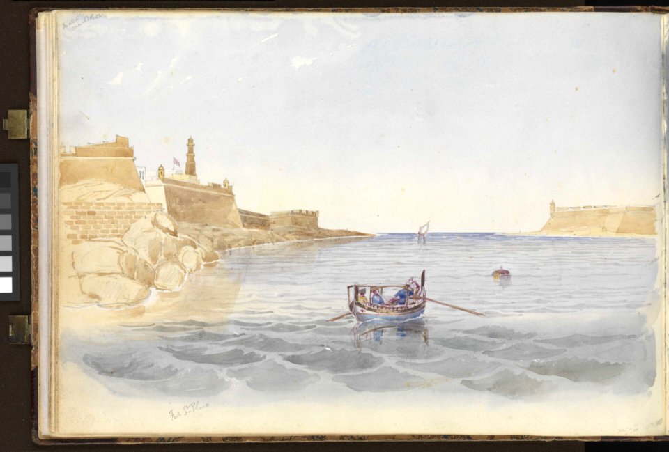 (Recto) HMS 'Bellerophon' off Cape Carthage, 26 April 1852; (Verso) Fort St Elmo and the entrance to the Grand Harbour, Malta, 20 March 1852 RMG PZ0866-002