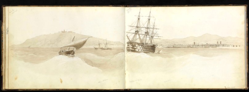 (Recto) HMS 'Trafalgar' at anchor off the Mole head at Barcelona, with the castle of Montjuïc (continuation drawing from verso of PAI0857); (Verso) four shipping studies, including of a frigate action RMG PZ0858-003