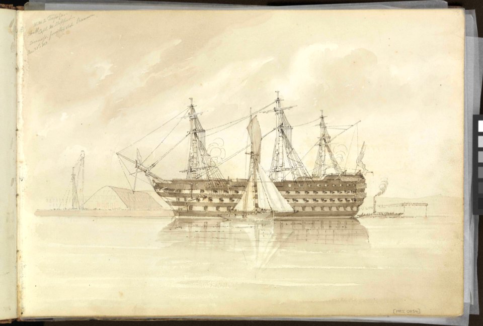 (Recto) HMS 'Trafalgar' off Sheerness, from the 'Shannon', 28 December 1850; (Verso) studies including Thames barges, a lady and gentleman walking, and trees RMG PZ0854-001