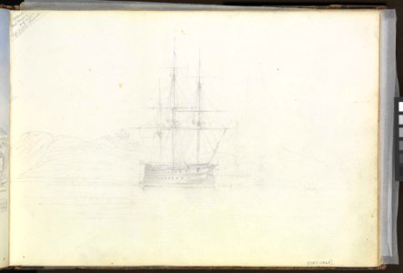 (Recto) HMS 'Vengeance' at anchor in Port Mahon, 26 May 1852; (Verso) The 'Charlemagne' with 'Trafalgar' leaving Port Mahon under tow by 'Firebrand', 1 June 1852 RMG PZ0868-001. Free illustration for personal and commercial use.