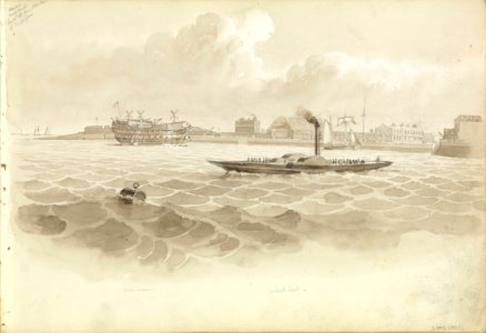 (Recto) Sheerness Dockyard from stern port of the 'Trafalgar', 25 January 1851; (Verso) 'Monarch' at Sheerness from the 'Trafalgar' 29 January 1851 RMG PZ0855-001. Free illustration for personal and commercial use.