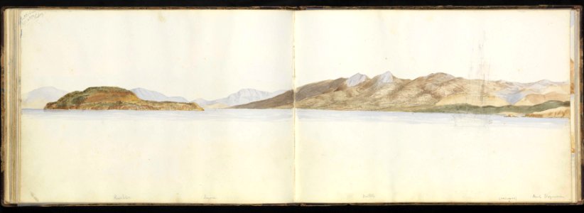 (Recto) Unfinished watercolour of the 'Britannia' anchored in 'Mulah Bay' (Vourla- Urla Bay), Turkey, west of Smyrna (Izmir); (Verso) Mulah Bay (continued on PAI0875 recto) RMG PZ0875-003