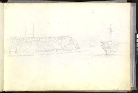 (Recto) Sketch of Port Mahon, 12 November 1851; (Verso) study of HMS 'Queen' at Malta, 3 March 1852 RMG PZ0861-001