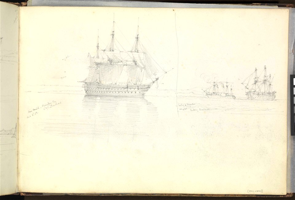 (Recto) The 'Sans Pareil' in Besika Bay, 3 October 1853 and the French steamer 'Mogador' towing the French 'Valmy' into the Dardanelles, 29 October 1853; (Verso) broadside studies of the French 'Jupiter', 'Jena' and RMG PZ0883-001