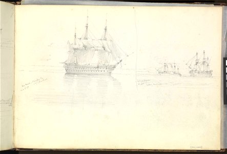 (Recto) The 'Sans Pareil' in Besika Bay, 3 October 1853 and the French steamer 'Mogador' towing the French 'Valmy' into the Dardanelles, 29 October 1853; (Verso) broadside studies of the French 'Jupiter', 'Jena' and RMG PZ0883-001