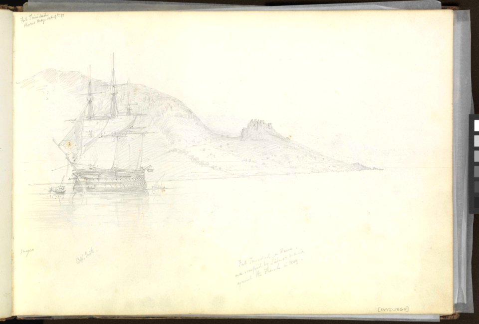 (Recto) HMS 'Ganges' off Fort Trinidad, Rosas Bay, south-eastern Spain, 9 October 1851; (Verso) Lord Nelson's House, Port Mahon, 12 November 1851 RMG PZ0860-001