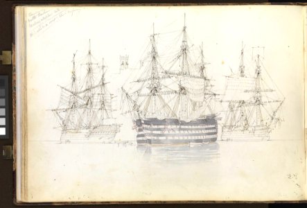 (Recto) The Mediterranean fleet under Rear-Admiral Dundas off south-east Spain, Roldan's Gap in sight to the north-west, 7 June 1852; (Verso) sail exercise in Malta harbour RMG PZ0869-002