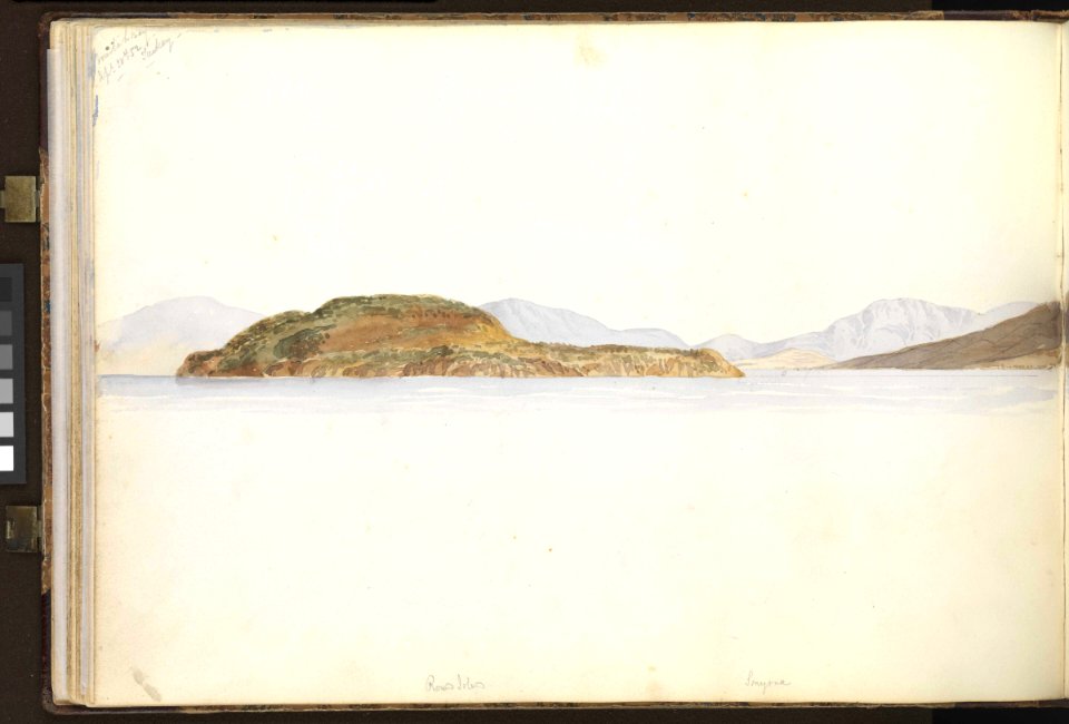 (Recto) Unfinished watercolour of the 'Britannia' anchored in 'Mulah Bay' (Vourla- Urla Bay), Turkey, west of Smyrna (Izmir); (Verso) Mulah Bay (continued on PAI0875 recto) RMG PZ0874-002