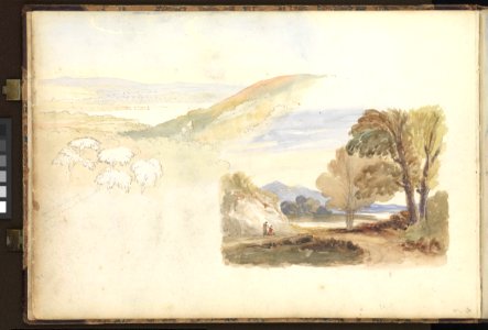 (Recto) View of two large houses surrounded by countryside, with notes on watercolours; (verso) Two landscape watercolours. RMG PZ0851-002