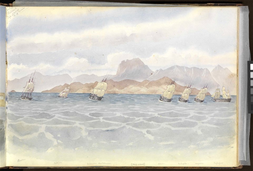 (Recto) The Mediterranean fleet under Rear-Admiral Dundas off south-east Spain, Roldan's Gap in sight to the north-west, 7 June 1852; (Verso) sail exercise in Malta harbour RMG PZ0869-001