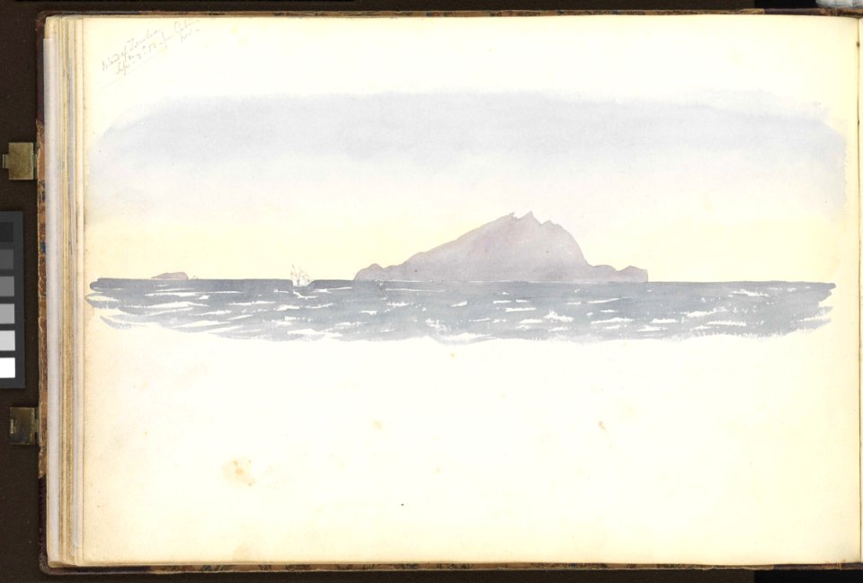 (Recto) Trial of sailing off Cape de Galta (Cabo de Gata), 30 July 1852, 'Trafalgar' and 'Terrible' in the foreground; (Verso) the island of Zembra, near Cape Bon, Tunisia, 2 September 1852 RMG PZ0872-002