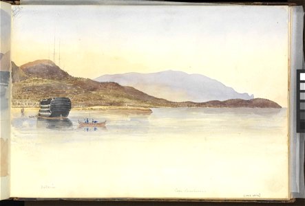 (Recto) Unfinished watercolour of the 'Britannia' anchored in 'Mulah Bay' (Vourla- Urla Bay), Turkey, west of Smyrna (Izmir); (Verso) Mulah Bay (continued on PAI0875 recto) RMG PZ0874-001