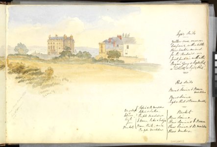 (Recto) View of two large houses surrounded by countryside, with notes on watercolours; (verso) Two landscape watercolours. RMG PZ0851-001