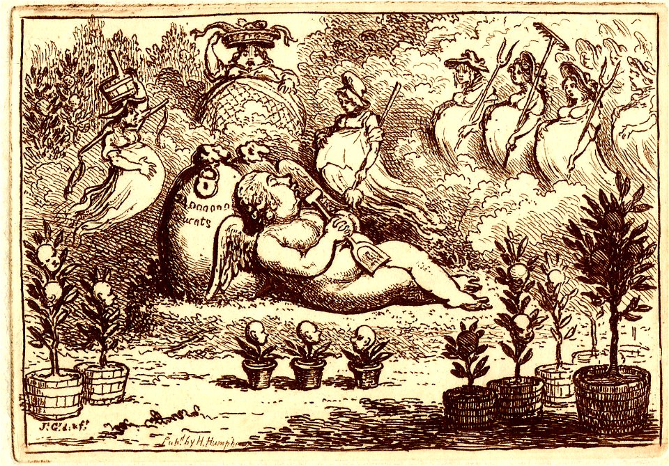 (The Orangerie-or-the Dutch Cupid reposing, after the fatigues of Planting.-) (BM 1868,0808.6551)