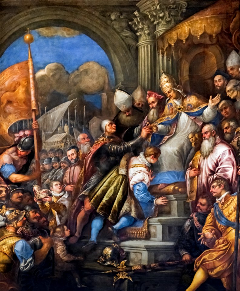 (Venice) Il doge presenta Ottone al Papa e riceve l'anello con cui ogni anno si celebrerà poi lo sposalizio del mare - Andrea Vicentino - Sala del Maggior Consiglio