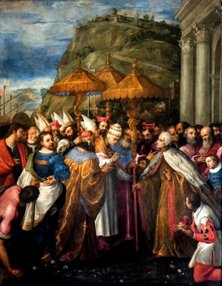 (Venice) Il Papa giunge su navi veneziane ad Ancona, accompagnato dal Barbarossa e dal doge, e dona a questo un'ombrella d'oro, alto simbolo d'autorità - Gerolamo Gambarato 1582
