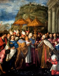(Venice) Il Papa giunge su navi veneziane ad Ancona, accompagnato dal Barbarossa e dal doge, e dona a questo un'ombrella d'oro, alto simbolo d'autorità - Gerolamo Gambarato 1582