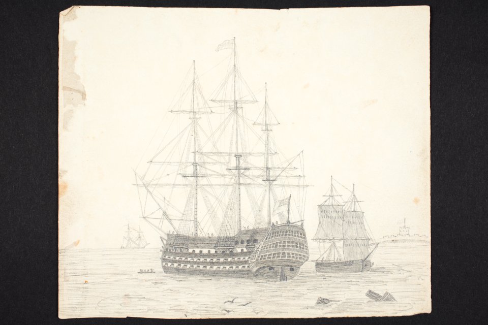 -A line of battle ships and a merchant brig alongside- (48752402998)
