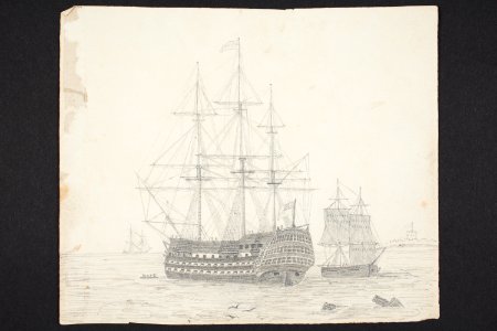 -A line of battle ships and a merchant brig alongside- (48752402998)