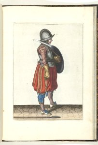 017 (pikeman, color) Book illustrations of Nassausche wapen-handelinge, van schilt, spies, rappier, ende targe. Free illustration for personal and commercial use.