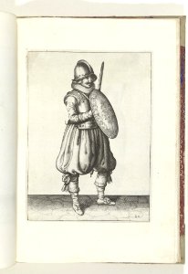 020 (swordsman) Book illustrations of Nassausche wapen-handelinge, van schilt, spies, rappier, ende targe. Free illustration for personal and commercial use.