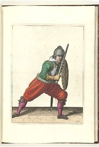 021 (swordsman, color) Book illustrations of Nassausche wapen-handelinge, van schilt, spies, rappier, ende targe