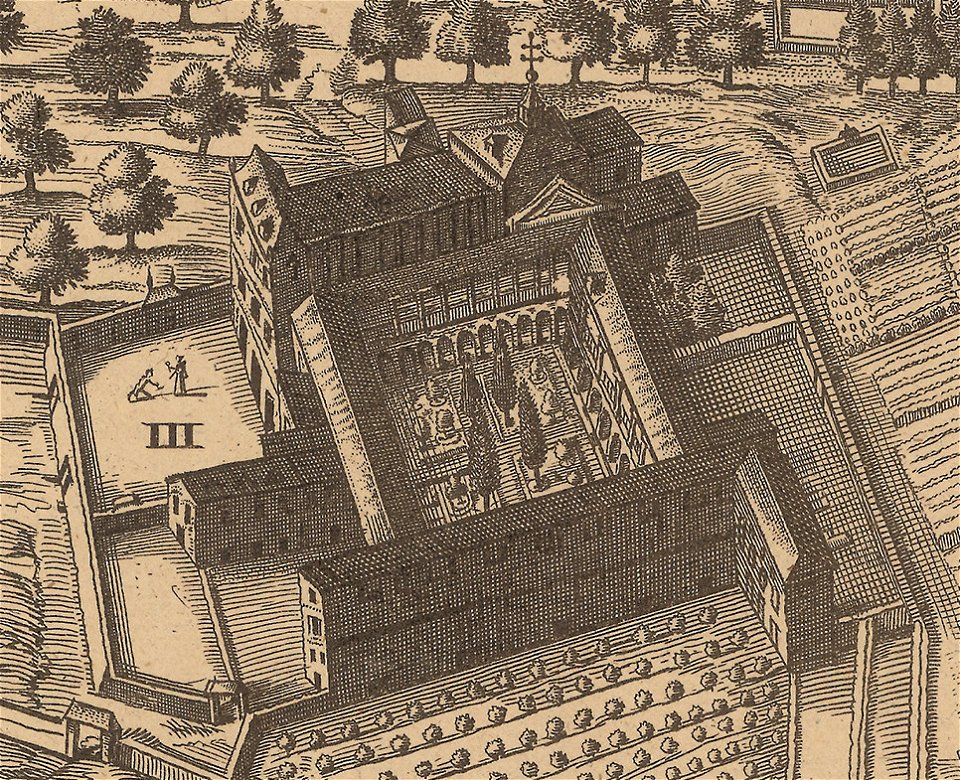 021. Convento de Nuestra Señora de Atocha from Reproduction of Pedro Teixeira's Topographia de la Villa de Madrid (1656), 1881 20 (cropped)