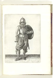 026 (swordsman) Book illustrations of Nassausche wapen-handelinge, van schilt, spies, rappier, ende targe. Free illustration for personal and commercial use.