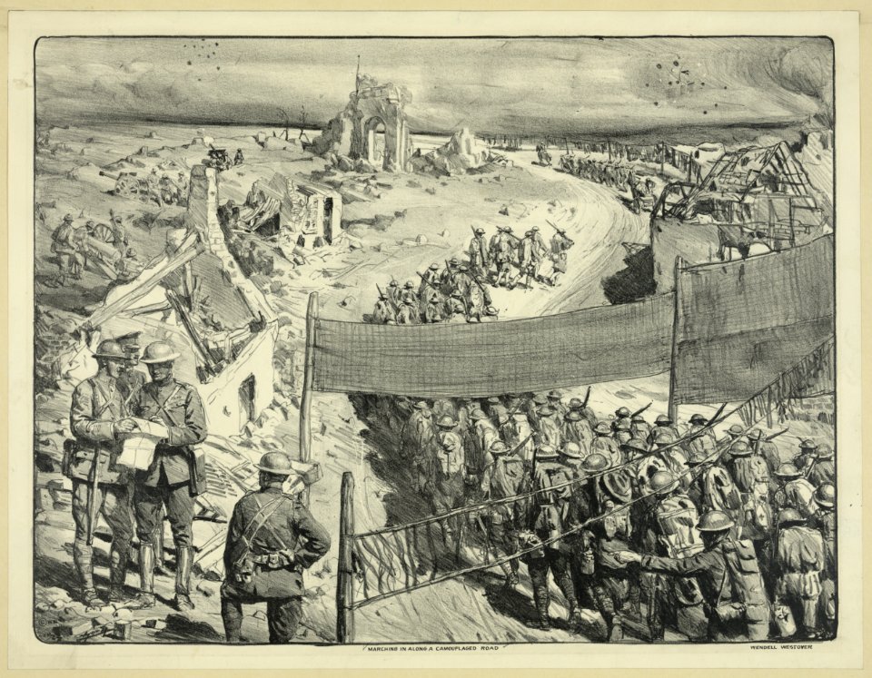03883u Marching in along a camouflaged road, 1927