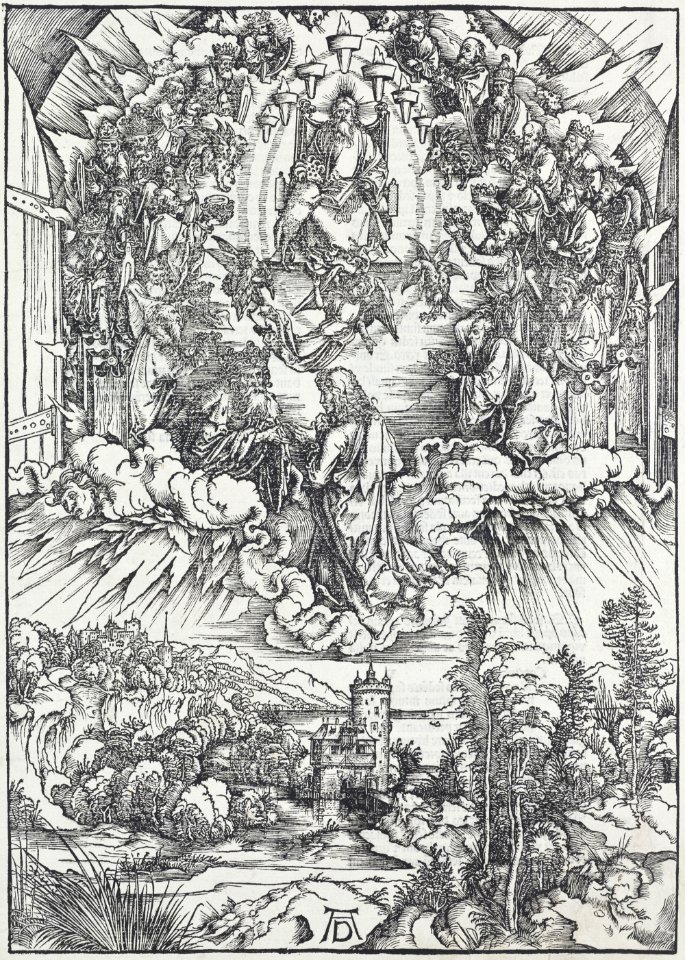 04. Albrecht Dürer, Apokalypsa, II. Sv. Jan před Bohem a starci, Národní galerie v Praze