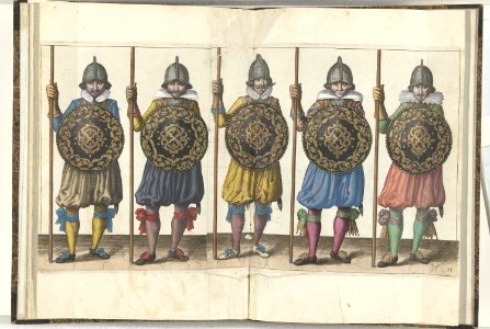 031 (pikeman, color) Book illustrations of Nassausche wapen-handelinge, van schilt, spies, rappier, ende targe