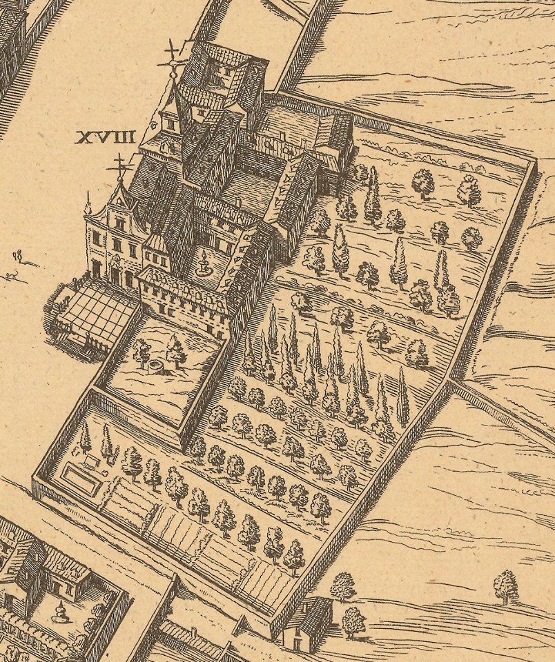 036. Convento de Santa Bárbara from Reproduction of Pedro Teixeira's Topographia de la Villa de Madrid (1656), 1881 04 (cropped)