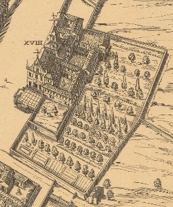 036. Convento de Santa Bárbara from Reproduction of Pedro Teixeira's Topographia de la Villa de Madrid (1656), 1881 04 (cropped)