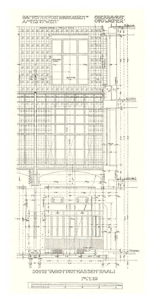 04 Postsparkassen-Amtsgebäude Wien - Wagner Band 5. 6. und 7. Heft -Schnitt durch den Kassensaal 2 Heliogravure
