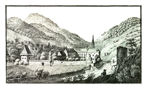 056 Gairach — Jurkloster, Die vormahlige Karthause Geyrach, lith. Folwarczni - J.F.Kaiser Lithografirte Ansichten der Steiermark 1830