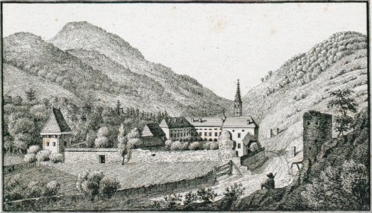 056 Gairach — Jurkloster, Die vormahlige Karthause Geyrach, lith. Folwarczni - J.F.Kaiser Lithografirte Ansichten der Steiermark 1830 (2)